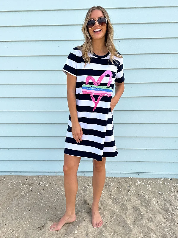 Threadz Pink Heart Stripe Dress Navy/White Vintage unclassified dresses