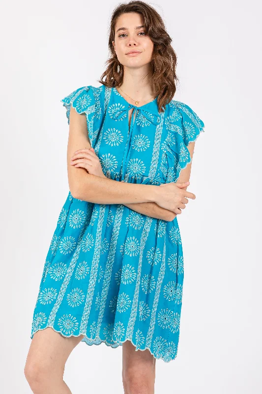 Turquoise Embroidered Flutter Sleeve Dress Tiered unclassified dresses