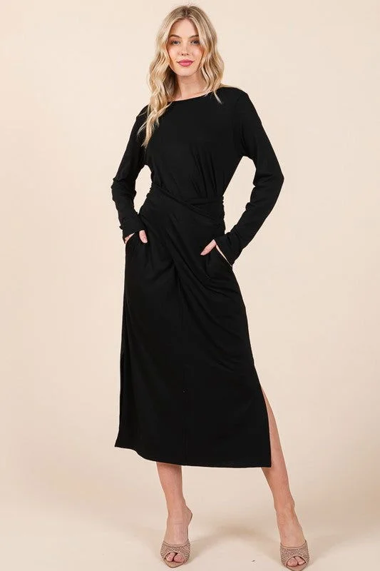 Waist Wrap Dress-with Pockets-SOLID Cotton unclassified dresses