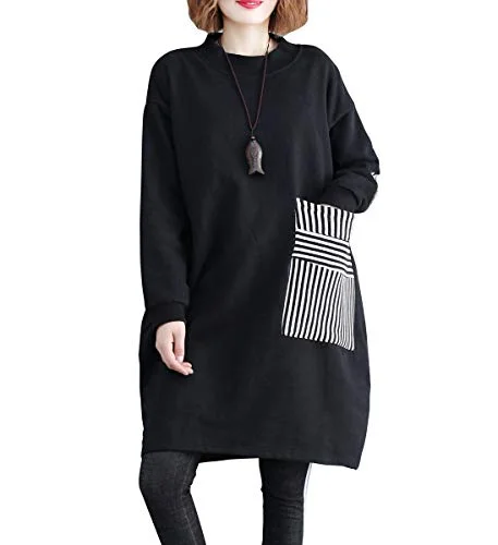 Women Casual Baggy Pullover Dress with Black and White Striped Pocket GA1271 A Tiered unclassified dresses