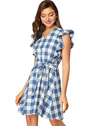 Women's Casual Plaids Ruffled Sleeve Sundress A-Line Vintage Gingham Check Dress | Original Brand Halter unclassified dresses