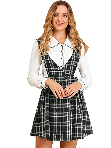 Women's Checks Overalls Tartan A-line Button Front Overall Pinafore Dress Chiffon unclassified dresses