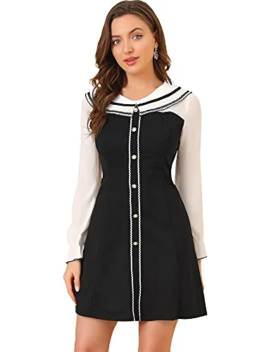 Women's Doll Collar Color Block Lond Sleeve Chiffon Dress Lounge unclassified dresses