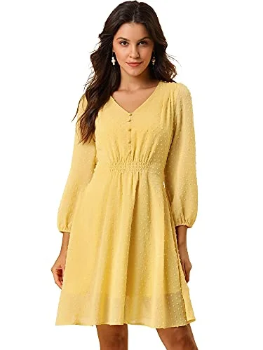 Women's Elastic Waist V Neck 3/4 Sleeve A-line Solid Flowy Chiffon Dress One-shoulder unclassified dresses