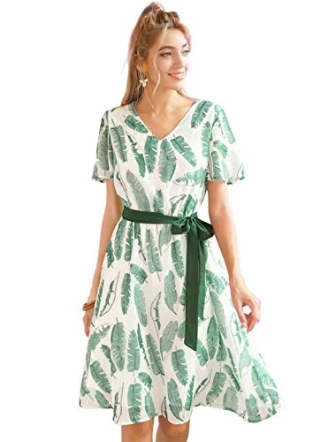 Women's Flowy Dress Hawaiian Tropical Leaves Flutter Sleeve Chiffon Dresses | Original Brand Lounge unclassified dresses