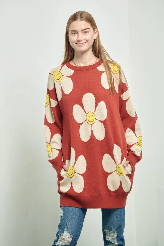 Happy Face Floral Print Knit Sweater Short floral dresses