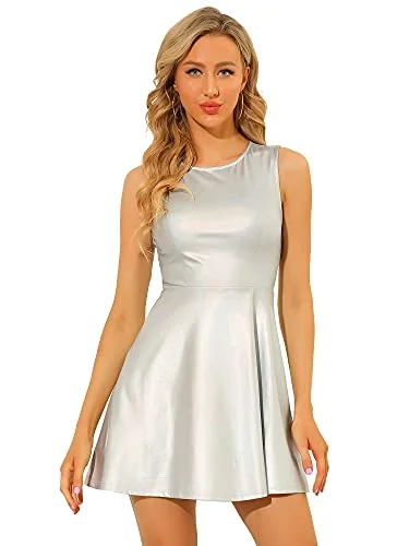 Women's Metallic Sleeveless Round Neck High Waist Holographic Flare Dress Cocktail unclassified dresses