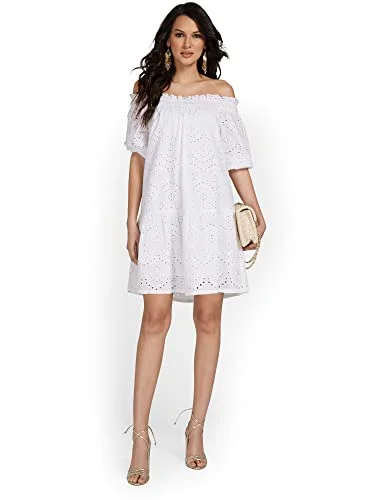 Women's Off-The-Shoulder Eyelet Shift Dress - Lily Cali | Original Brand Tiered unclassified dresses