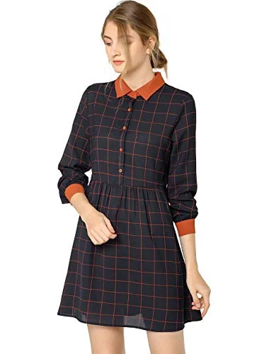 Women's Plaid Vintage Casual Loose Fit Half Placket Contrast Collar Dress Wedding guest unclassified dresses