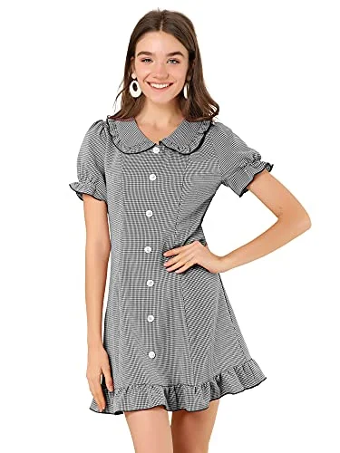 Women's Ruffle Peter Pan Collar Casual Button Up Plaid Checkered Dress Minimalist unclassified dresses