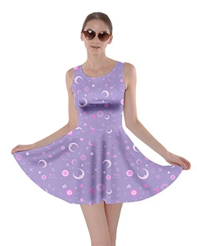 Womens Starry Night Sky Moon Stars Space Constellations Planets Mrs Frizzle Skater Dress,  XS-5XL | Original Brand Color block unclassified dresses