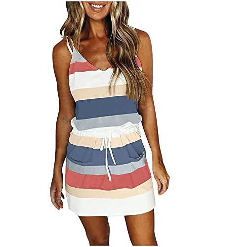 Womens Summer Dresses for Island Vacation V Neck Striped Dress Casual Sleeveless Dress with Pockets Beach Sundress | Original Brand Elegant unclassified dresses