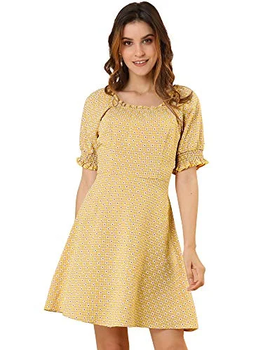 Women's Vintage Daisy Smocked Gingham Plaid Puff Sleeve Peasant Summer Ruffled Dress | Original Brand Metallic unclassified dresses