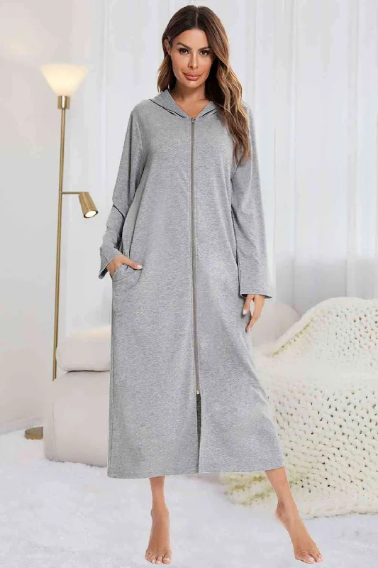 Zip Front Hooded Night Dress with Pockets Casual chic unclassified dresses