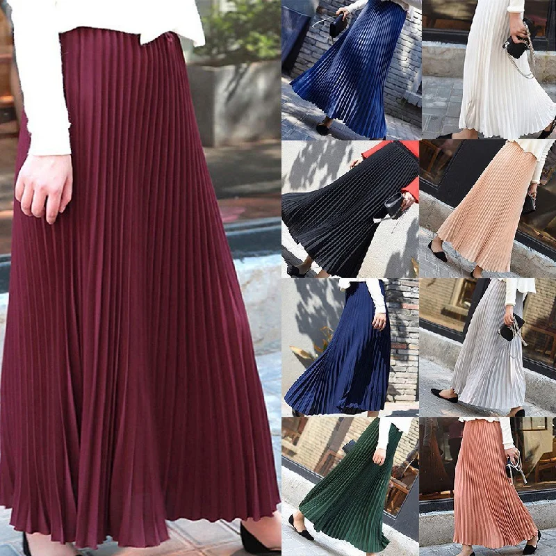 Long Pleated Skirt Solid Elegant Midi Elastic Waist Midi Maxi Skirt