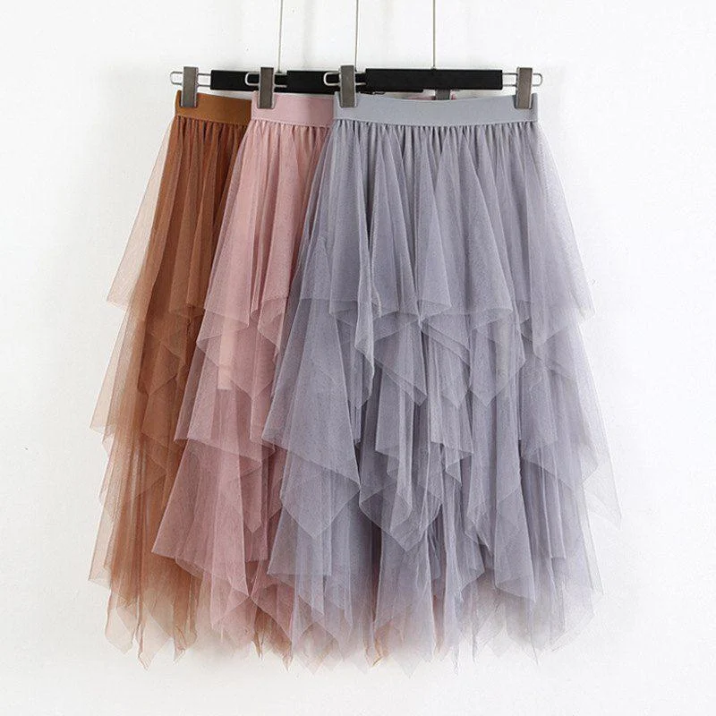 Elastic High Waist Long Tulle Irregular Hem Mesh Tutu Skirt Cozy Maxi Skirt