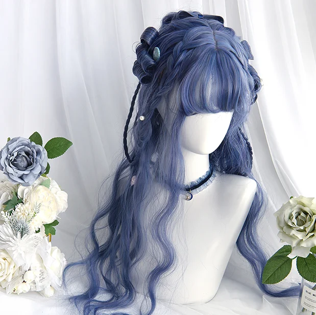 Harajuku lolita blue long curly wig yv30399 Summer Floral Maxi