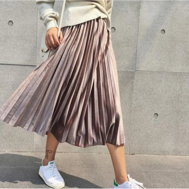 Long Metallic Silver Maxi Pleated High Waist Skirt High-Low Maxi Skirt