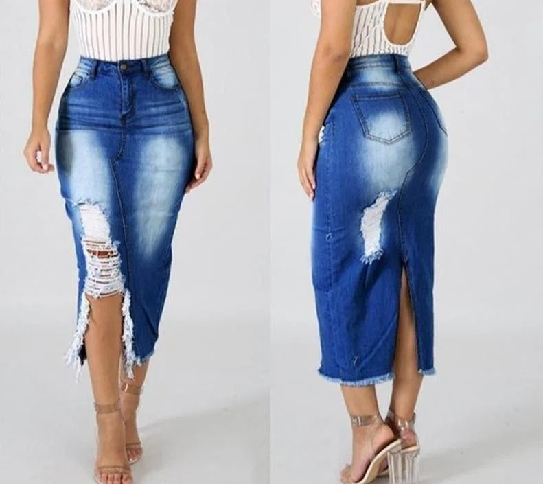 Denim High Waist Ripped Hole Maxi Skirt Maxi Skirt Trend