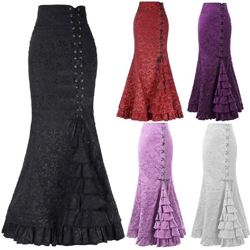 Women's Mermaid Long Ruffle Slim Fit Fishtail Lace Up Skirt Button-up Maxi Skirt