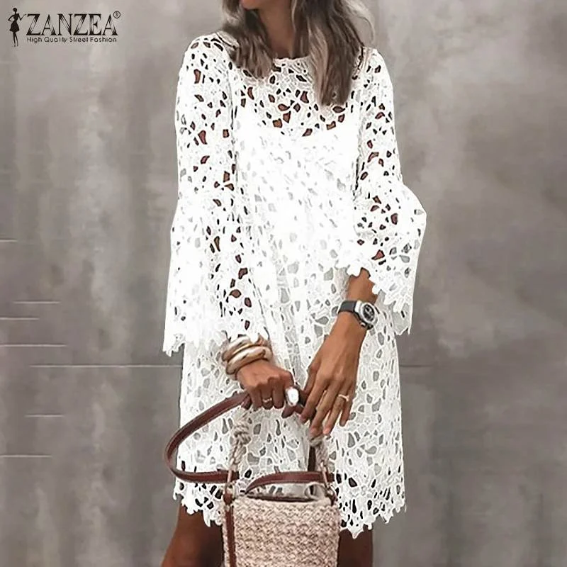 ZANZEA Lace Crochet Flare Sleeve 2-Piece Dress Ruffled Lace Dress