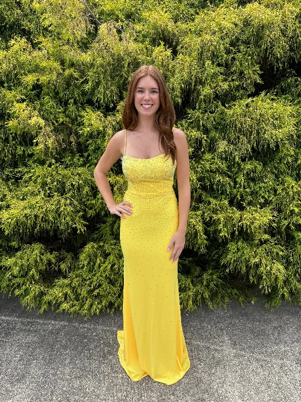 Cecilia Couture 1502 Pineapple Yellow Fitted Sheath Dress with Lace Up Back Sexy Lace Dress