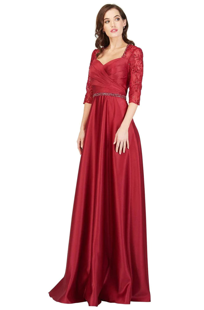 Cecilia Couture 1845 Burgundy Satin A-Line Dress with Lace Sleeves Lace Dress Modern