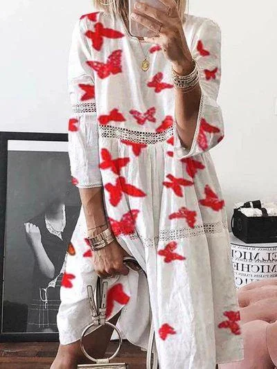 Lace Stitching 7-sleeve Printed Dress Soft Lace Dress