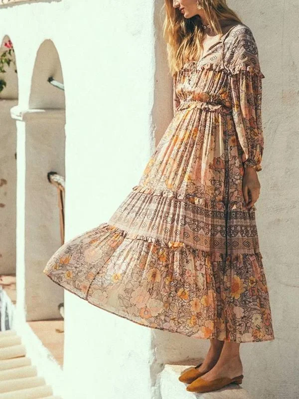 Lace-up Boho Print Long Dress Sheer Lace Dress