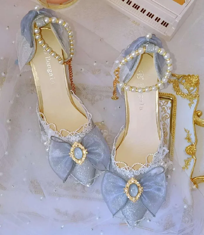 Princess kawaii shoes round head high heel Kawaii girl sweet lolita shoes pearl lace bowknot women shoes Off-the-shoulder Lace