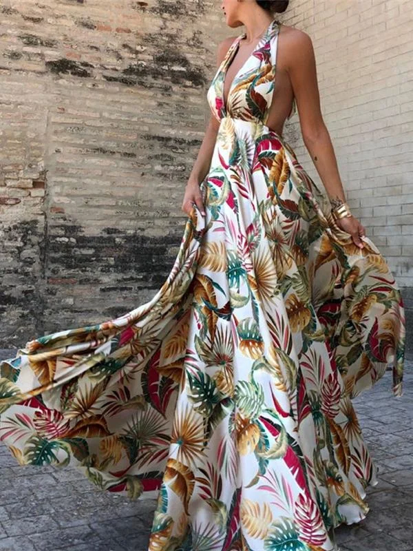 Sexy Sleeveless Printed Lace Halter Long Dress Lace Dress Flare