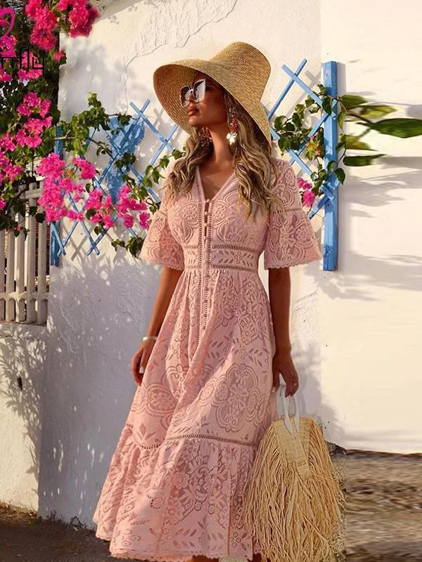 Women Sweet V Neck Hollow Out Single-Breasted Lace Long Elegant Summer Beach Style Holiday Solid Streetwear Dress Satin Lace Dress