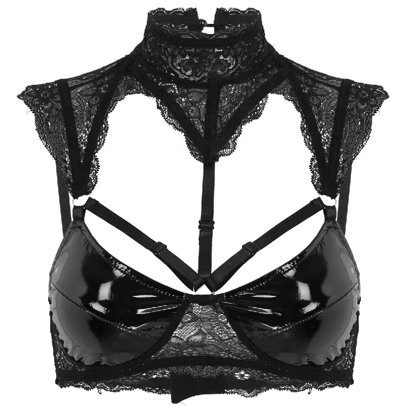 Womens Erotic Sheer Lace Lingerie Sexy Bra Intimates Halter Neck Patent Leather Cups Hollow Out Wire-free Unlined Bra Crop Tops Lace Dress Sleek