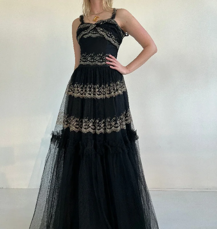 1950's Black Tulle Gown and Cream Embroidery Soft Tulle Gown