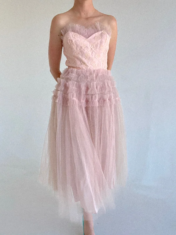 1950's Pink Tulle Strapless Party Dress Sweet Tulle Dress