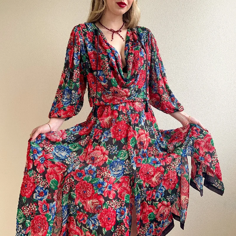 1980s Diane Freis Red Floral Dress With Sequins (L/XL) Sequin Cocktail Dress