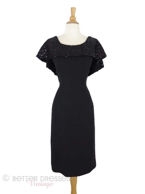 50s Sequined Portrait Collar Little Black Dress - sm, med Sequin Dress Midi