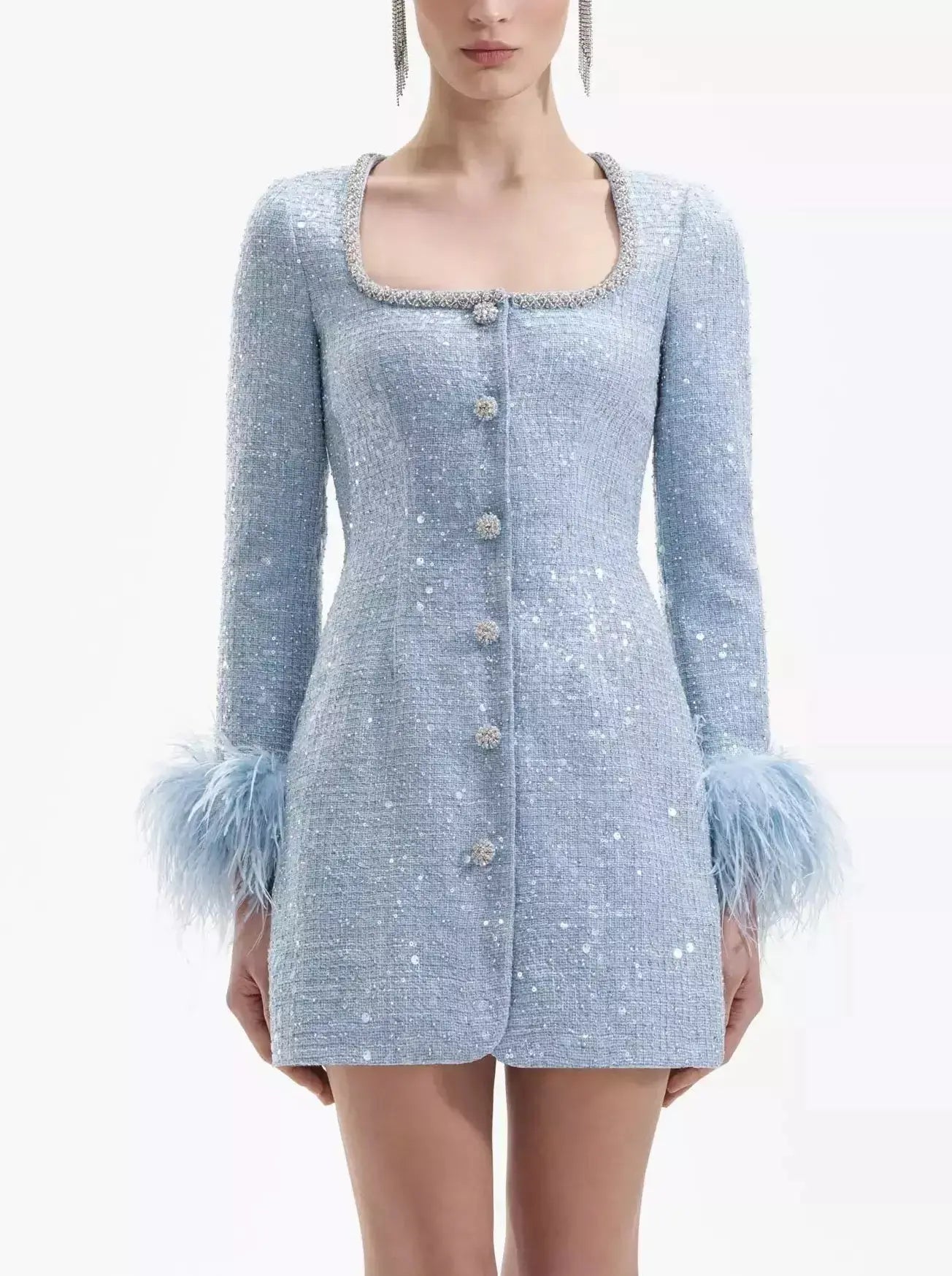 Blue Boucle Sequin Dress with Feather Trim Satin Sequin Dress