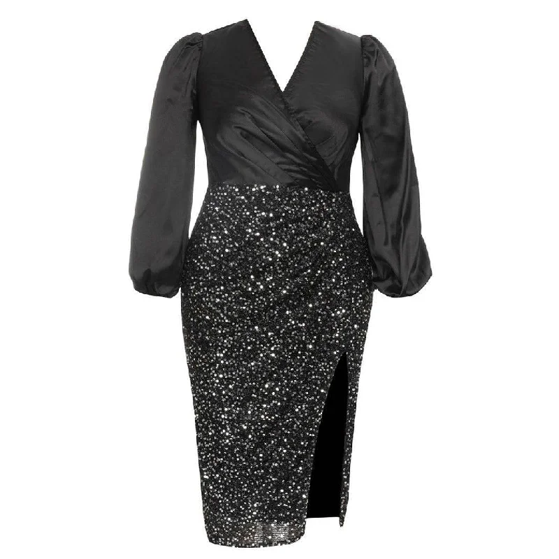 Brielle Neck Lantern Sleeve Knot Side Sequin Dress Formal Sequin Gown