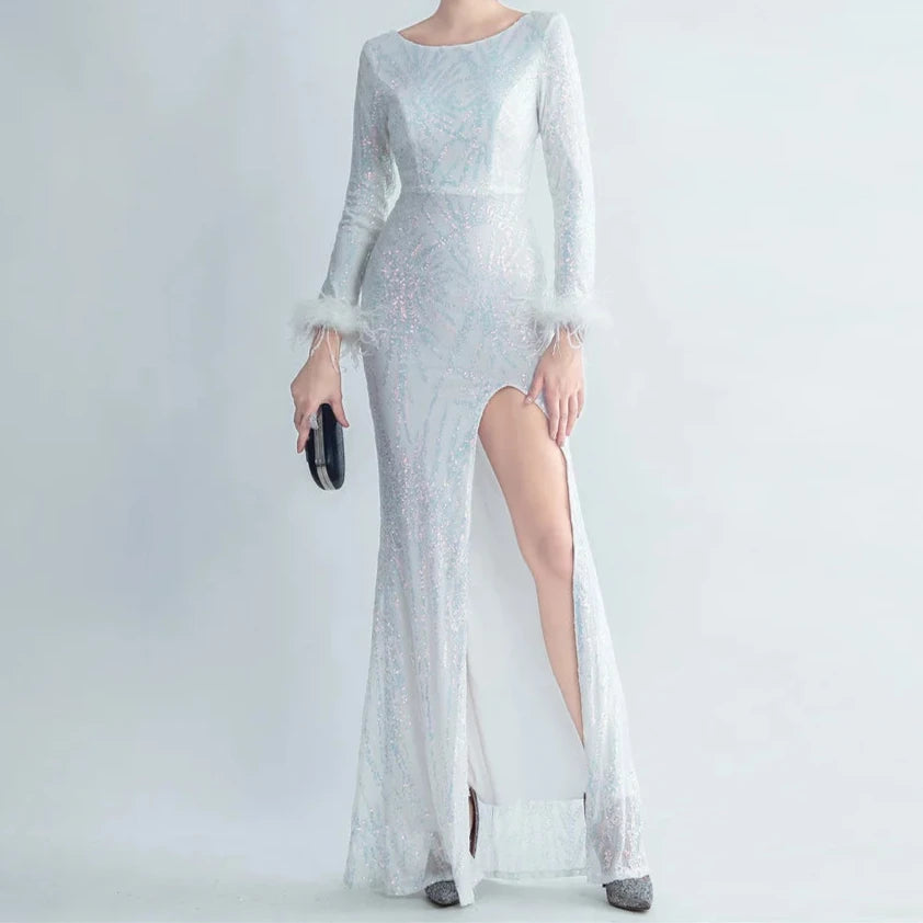 Charlotte  Sequin Long Sleeve Slit Evening Dress Glam Sequin Dress