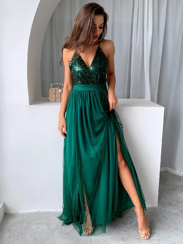 JOYFUNEAR SEQUIN BODICE BACKLESS MESH CAMI PROM DRESS Classy Sequin Dress