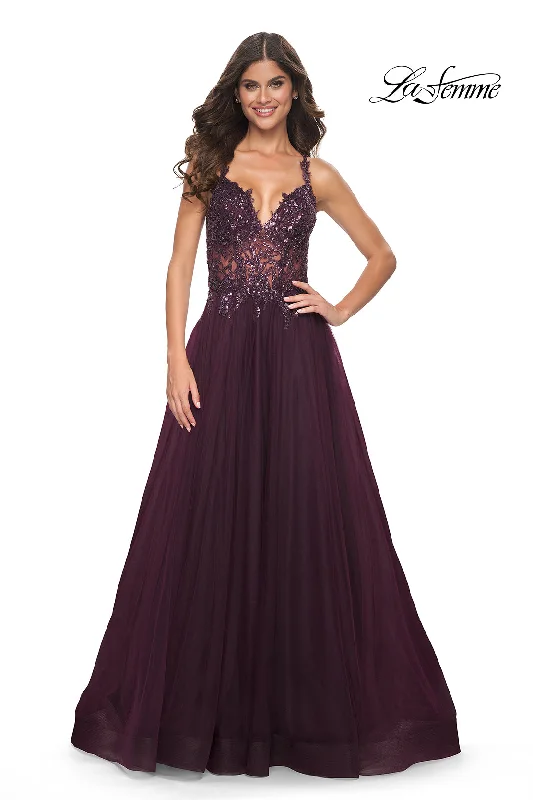 La Femme 31471 V-Neck Neckline Open Back Corset Beaded/Tulle A-Line Evening Dress Tulle A-line Dress