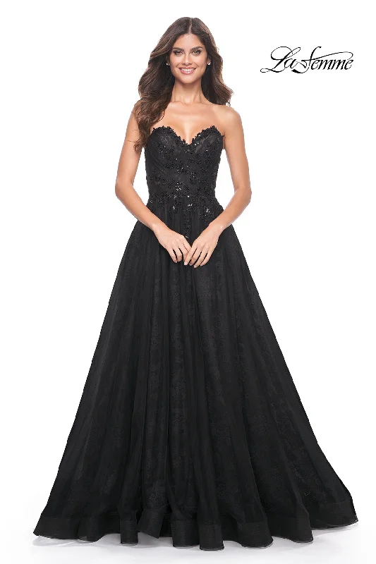 La Femme 31954 Sweetheart Neckline Lace up Back High Slit Beaded/Tulle/Lace A-Line Evening Dress Tulle Lace Dress