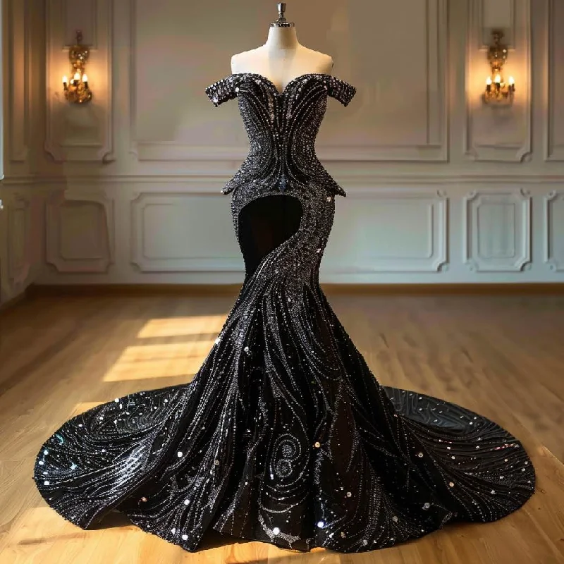 Nellie  Elegant Sequin Off Shoulder BlackMermaid Gown  Wedding Dress Sequin Backless Dress