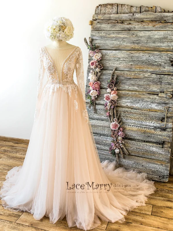 Ombre Wedding Dress in Nude Tulle and Ivory Applique Tulle Dress Layers