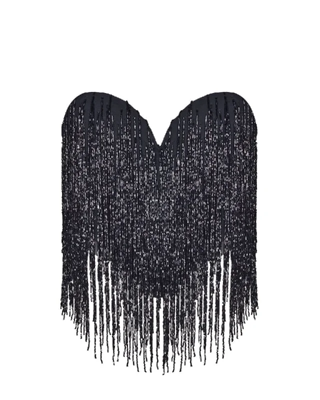 Sequined crepe corset top with beaded fringe with fringe Gold Sequin Dress