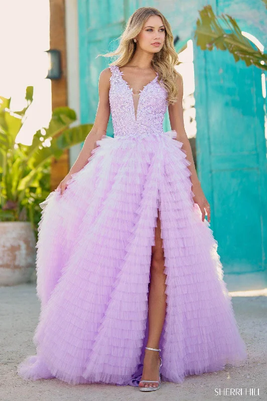 Sherri Hill 56086 - Ruffle Tulle Gown Lace Tulle Dress