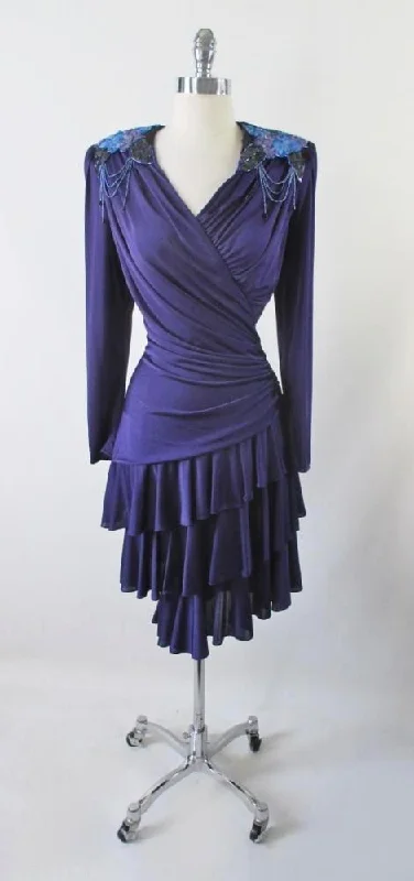 Vintage 70's Purple Jersey Layered Sequins Party Dress L Ruched Sequin Dress