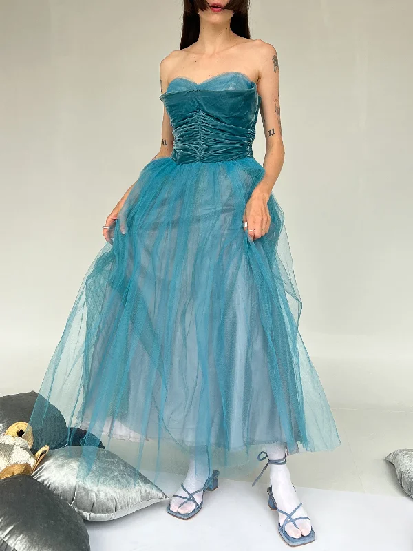 Blue Tulle Velvet Dress (M) Romantic Tulle Gown