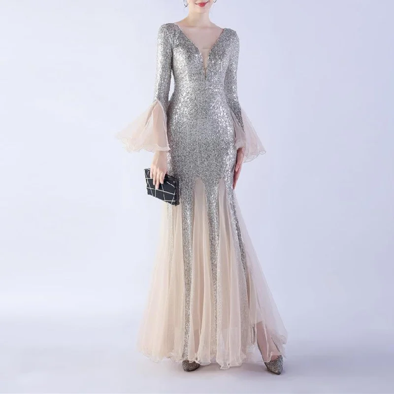 Virginia Sequined V-neck Long Sleeves Mermaid Dress Sequin Dress Glam